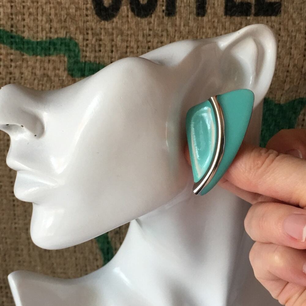 Aqua and silver tone abstract geometric clip on earrings - Picture 9 of 10